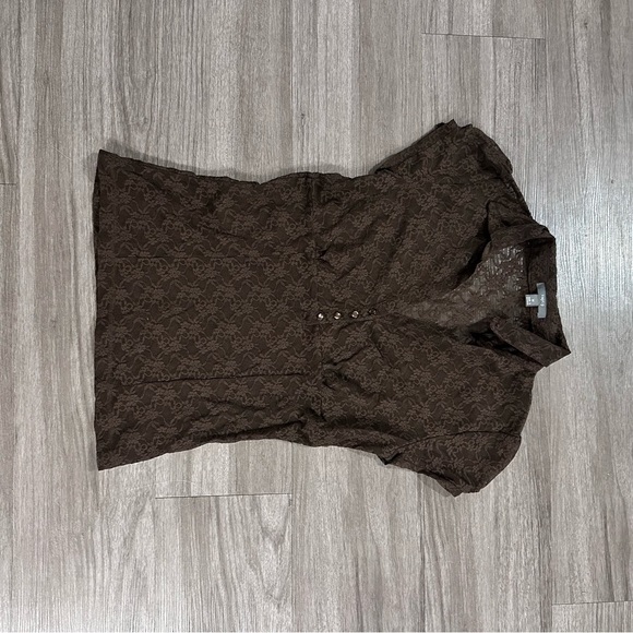 Vintage Apt 9 Brown Lace Sheer Short Sleeve V-Neck Polo Blouse - Picture 4 of 12